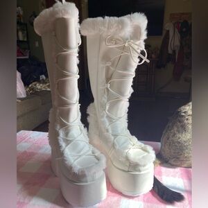 White demonia camel lace up fur boots